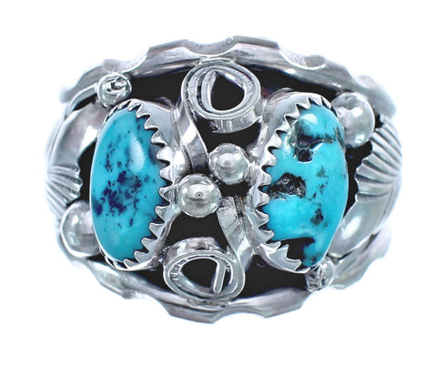 Native American Leaf Sterling Silver And Turquoise Ring Size 11-1/2 JX122620